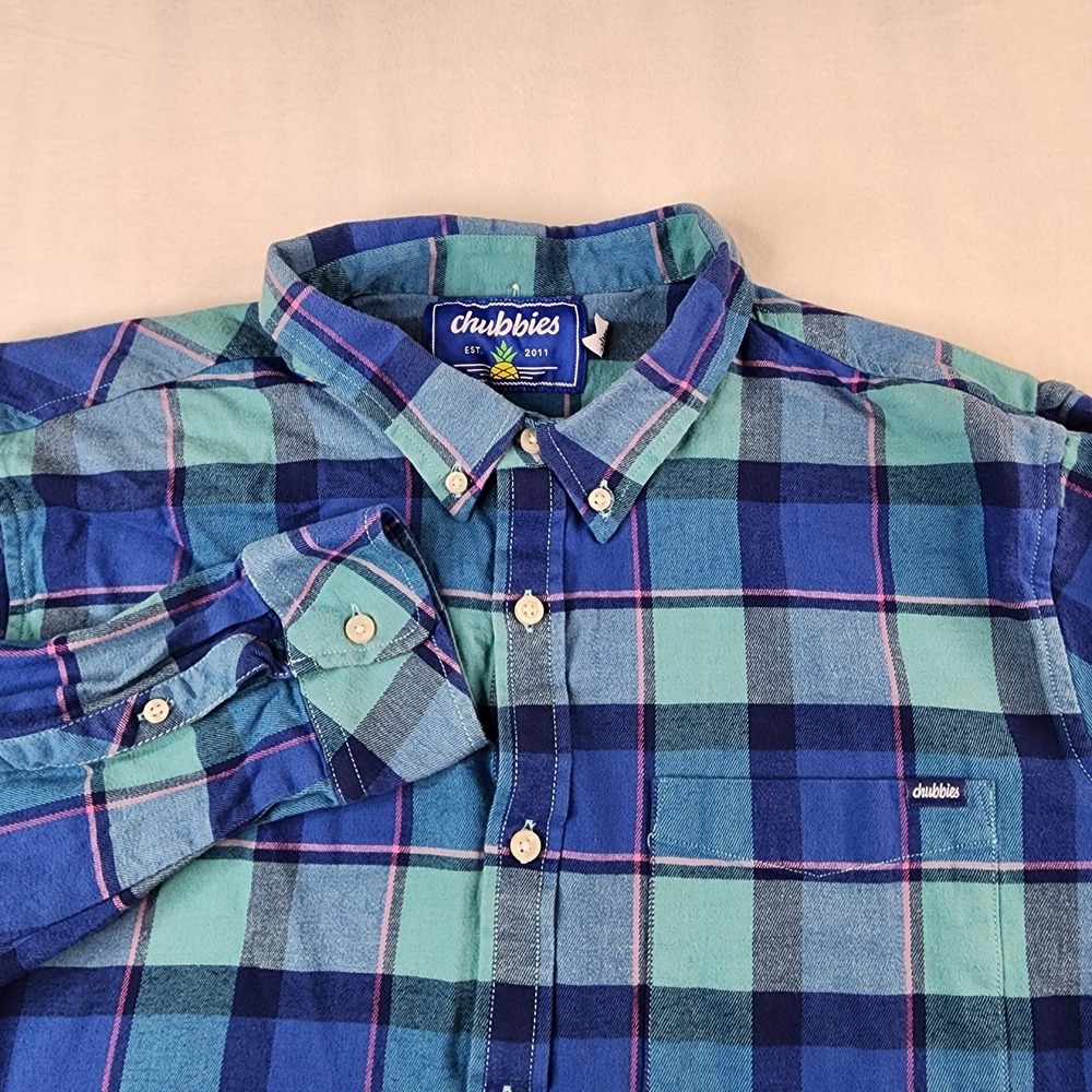Chubbies Flannel Shirt Men XL Blue Plaid Stretch Long Sleeve Button Down Outdoor